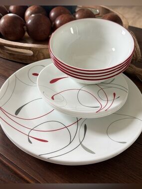 12pc. Corelle SPLENDOR Dinner Bread Plates Cereal Bowls Red Gray Swirl